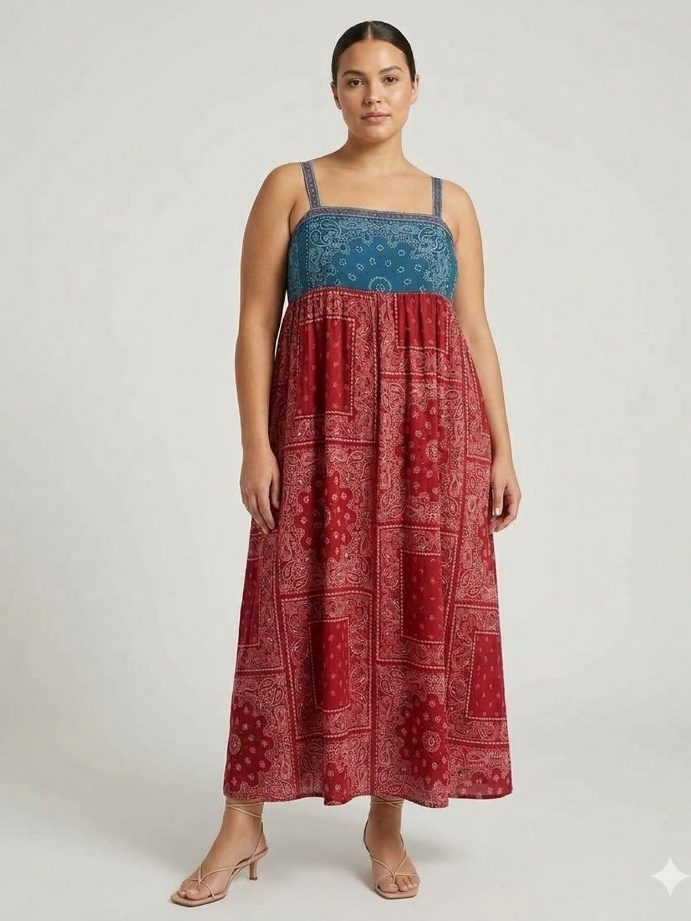 NATURAL LIFE Red and Blue Bandana-Print Maxi Dress